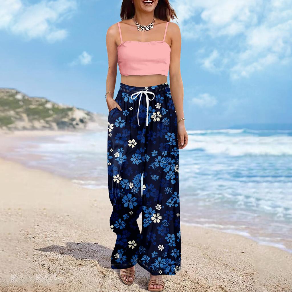Damen Sommer Boho Palazzo Hose Hohe Taille Weites Bein Blumendruck Freizeithose Mit Taschen