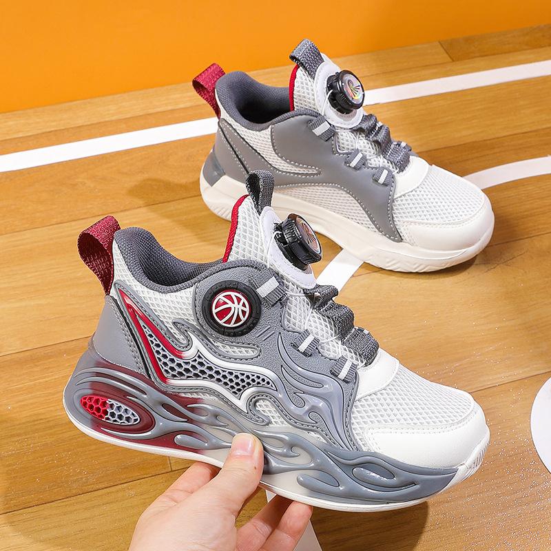 Children's sports shoes Spring and Autumn 2025 new rotating buckle trend flame sole shock absorption older children's basketball shoes factory