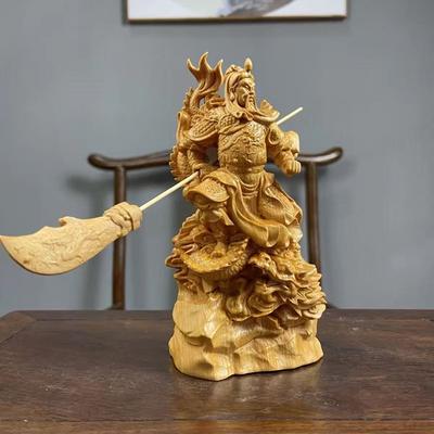 Natural Cypress Long Guan Gong Sculptures Figurines Solid Wood Carving Home Room OfficeWealth Luck Feng Shui Decor Statue