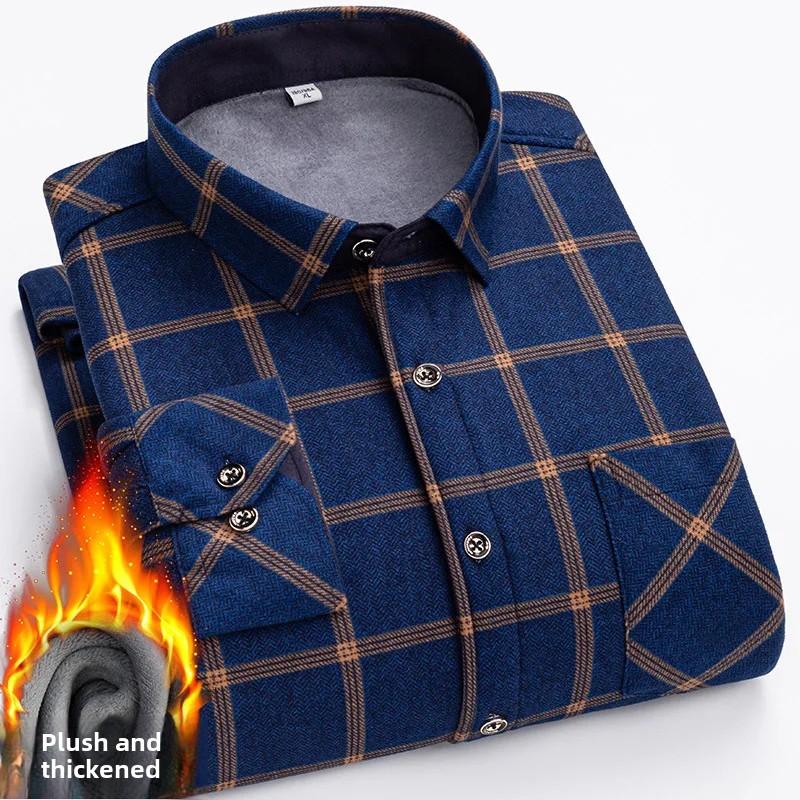 Thickened Flannel Men's Shirt Warm Plaid Winter Casual Square Collar Plus Size Clothing Fleece Lined Double Sided Velvet