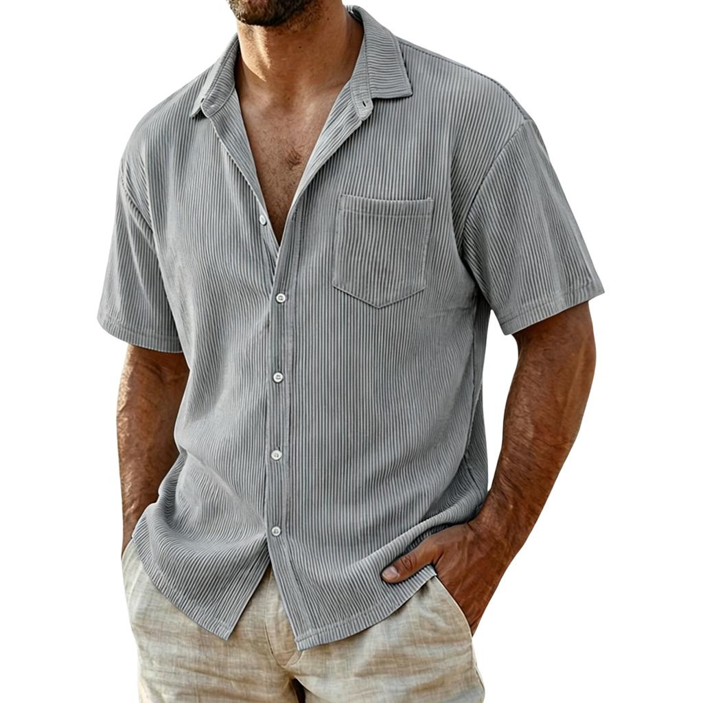Men Corduroy Shirt Short Sleeve Button Down Casual Loose Fit Collar Pocket Striped Lightweight Summer Shirt
