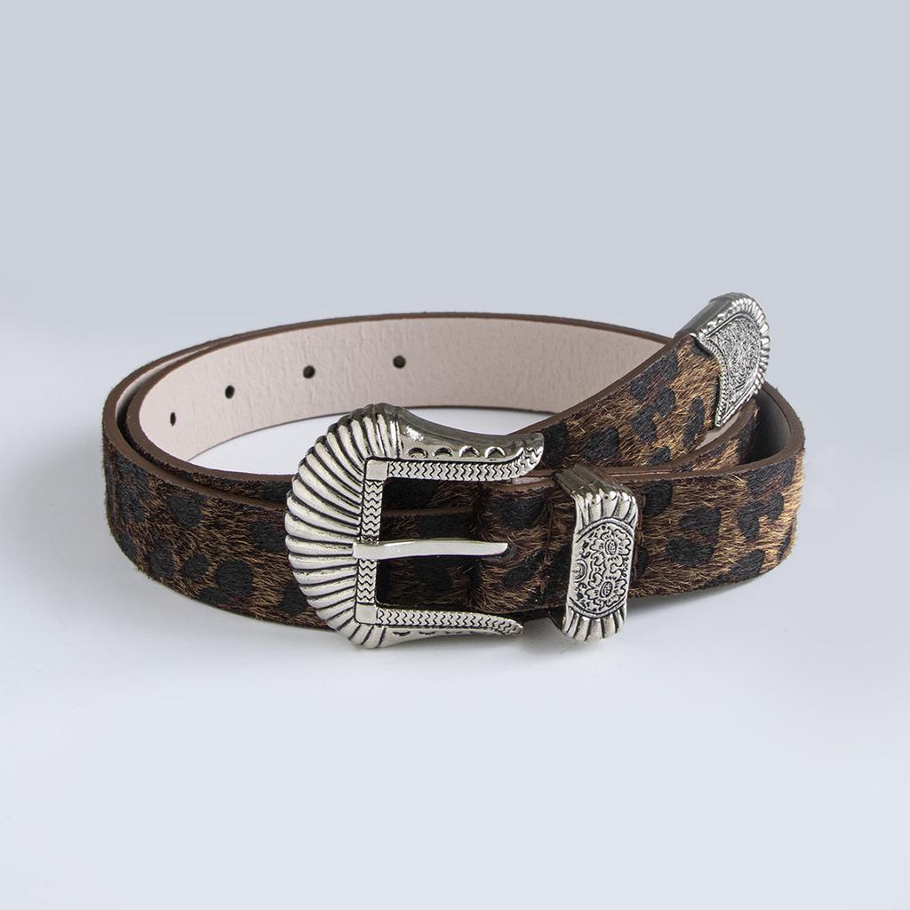 New Retro Carved Imitation Horsehair Leopard Print Fashionable Dopamine Western Buckle Belt for Women's Waist Belt