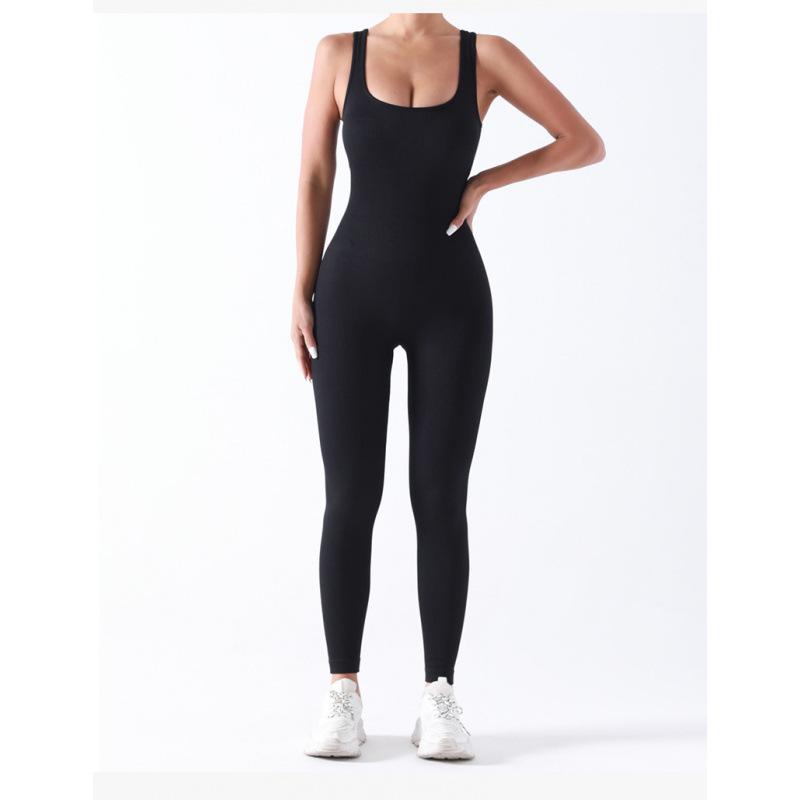 Seamless Ribbed Knit Jumpsuit with Chest Pad for Yoga and Fitness