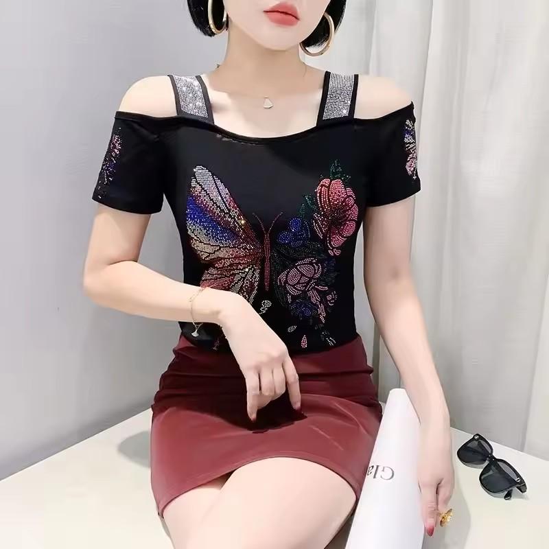 TrendHub Sexy Off Shoulder T Shirt for Women Luxury Flower Diamonds Short Sleeve Tee Summer Fashion Womens Mesh Tee Shirts Top