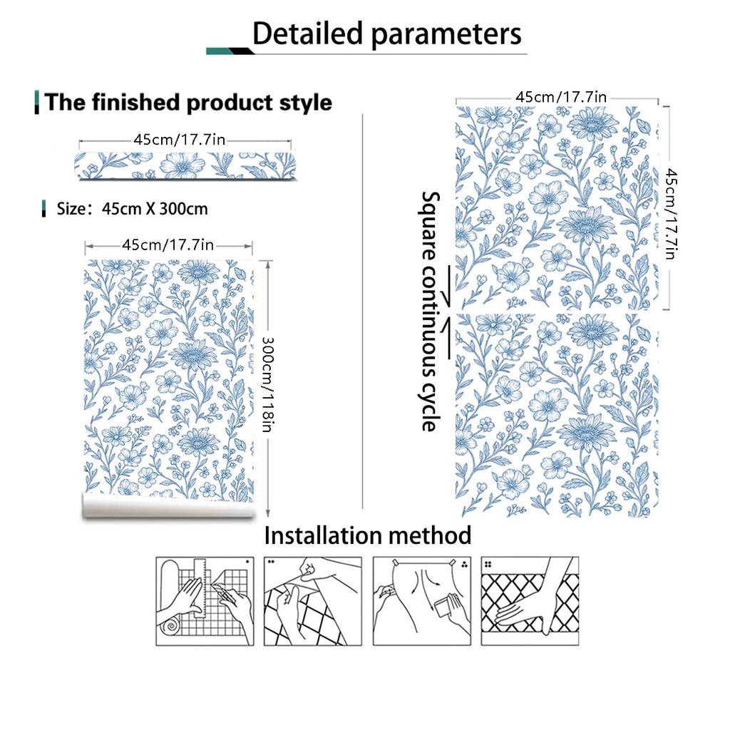 Blue Floral Peel and Stick Wallpaper Vintage Contact Paper Home Decorative Flower Self-adhesive Wallpapers Vinyl Roll