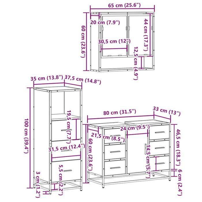 VidaXL Ensemble de meubles de salle de bain 3 pcs Sonoma gris, armoire de salle de bain, armoire de rangement de toilette, 3301053