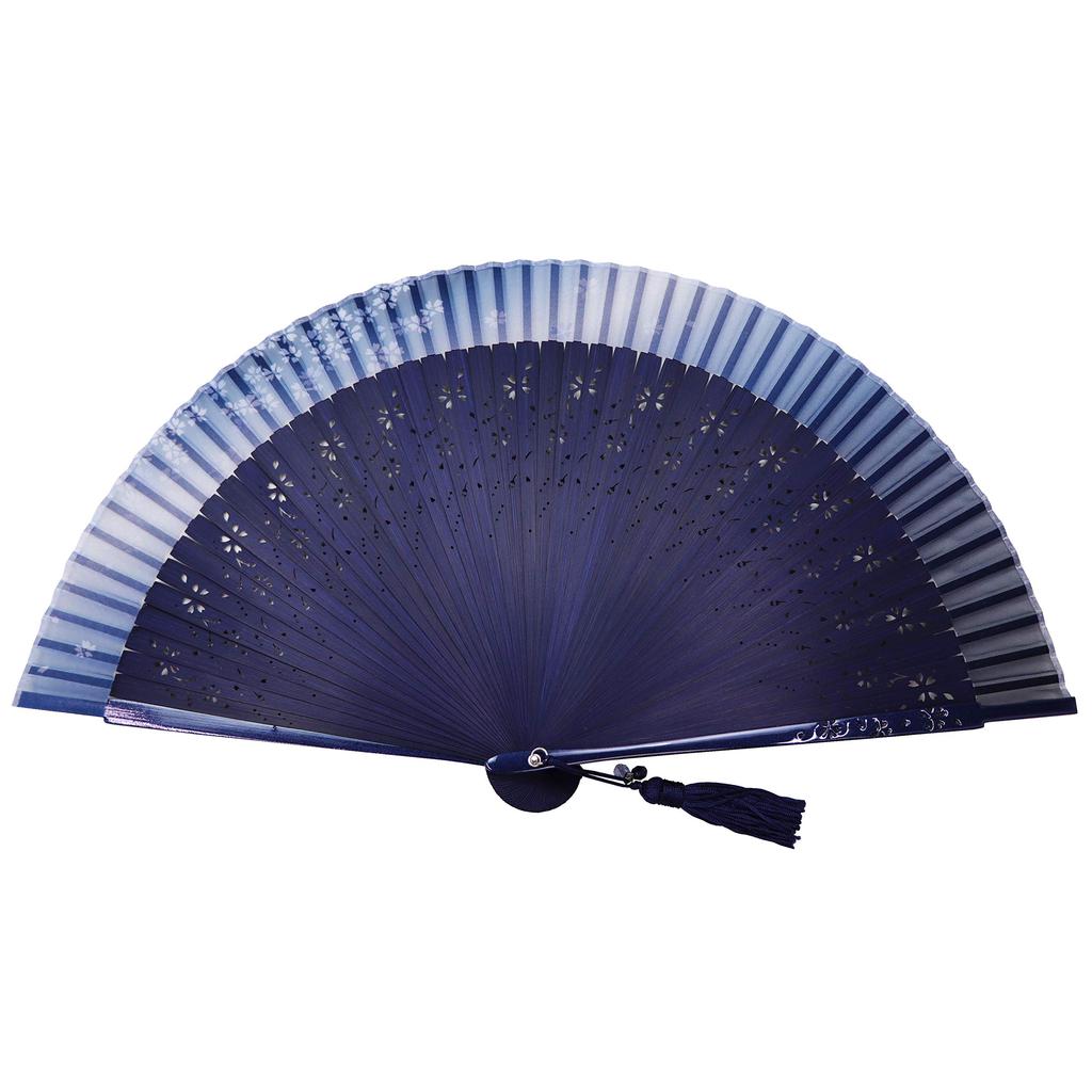 Stylish Business Fan Set with Fan Case and Handkerchief Sakura Mai [Osaka Choseido] Women's - (Navy)