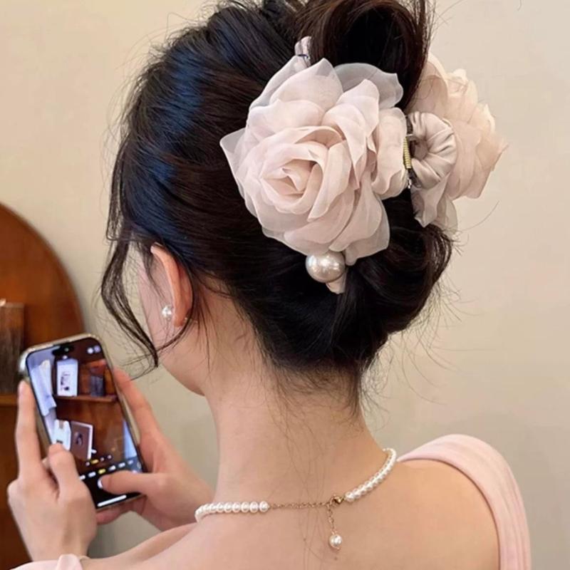 Elegant Delicate Large Fabric Mesh Rose Flower Hair Clip For Women Girls Imitation Pearl Floral Shark Clip Hair Accessories