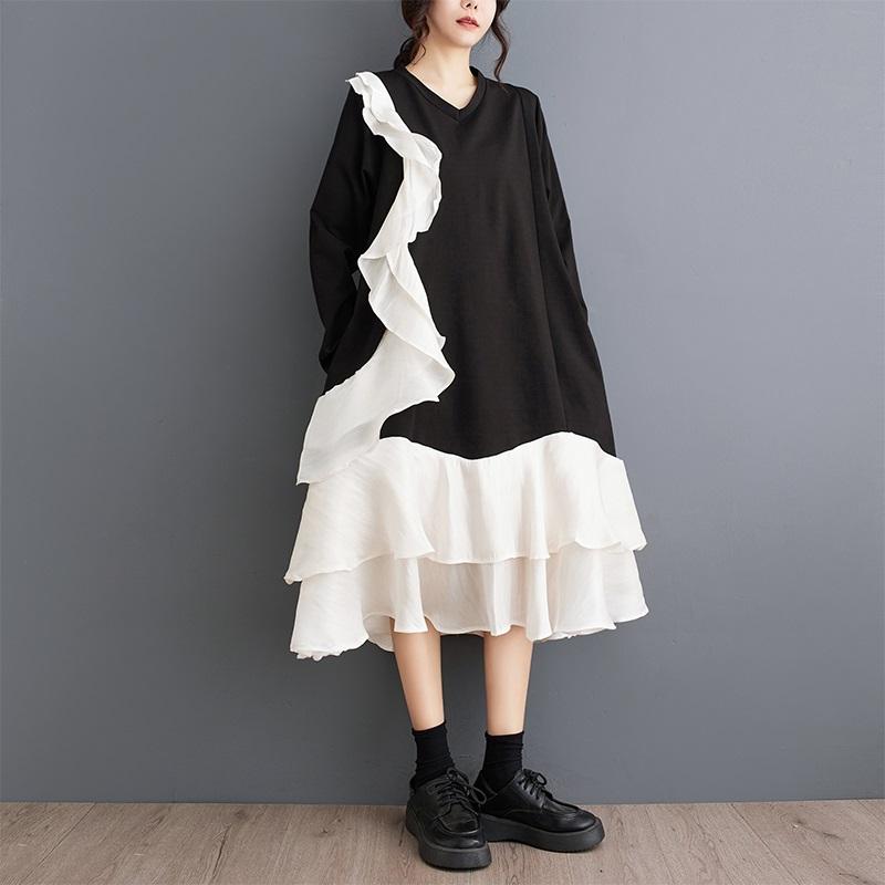 Long Sleeve Plus Size Cotton Vintage Ruffle New In Dresses for Women Casual Loose Spring Autumn Dress