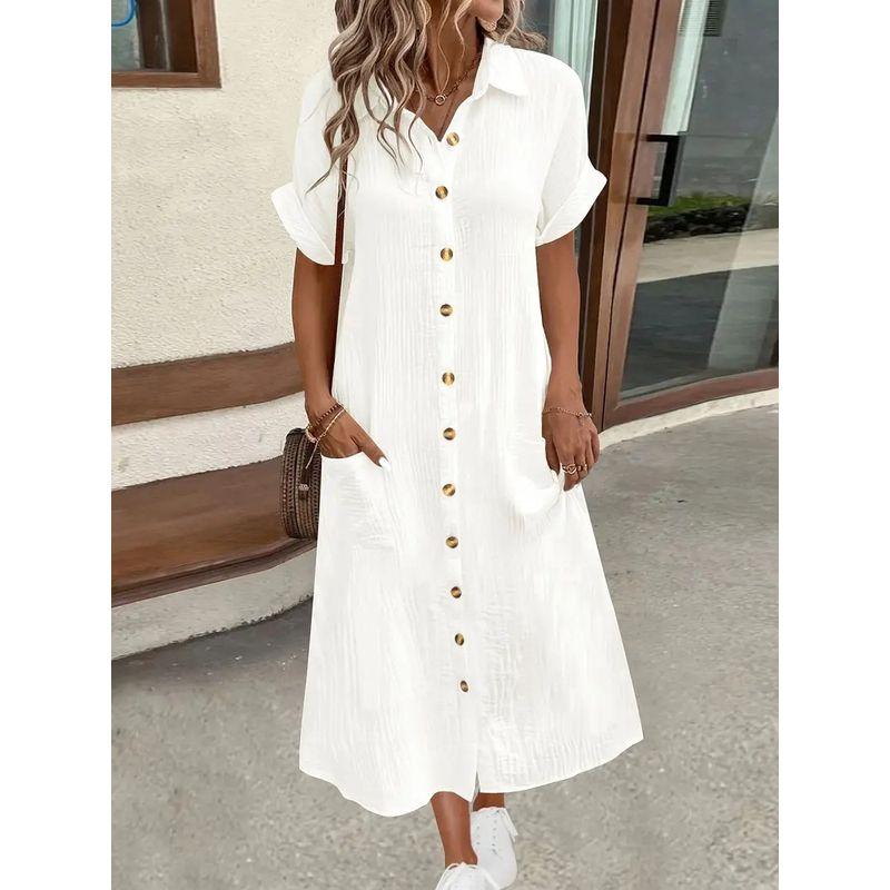 

Summer Solid Simple Casual V-neck Button Long One piece Dress Women clothing White L
