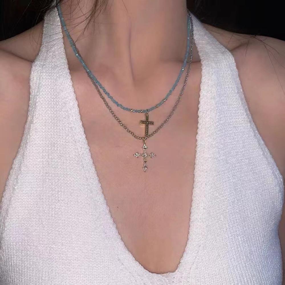 Exquisite Temperament Sliver Color Stainless Steel Cross Pendant Blue Crystal Beads Fine Chain Necklace for Women Charm Jewelry