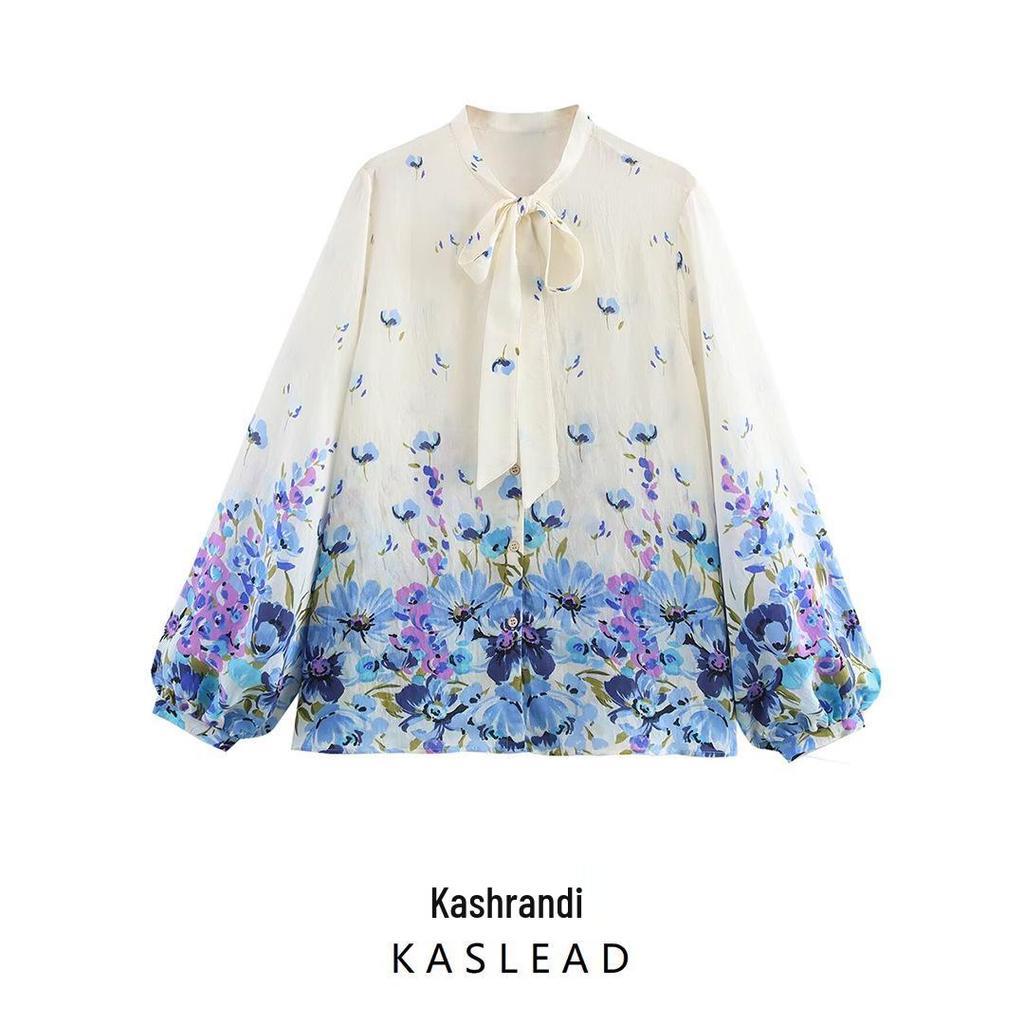 Women's Elegant Bow Print Long Sleeve Shirt - Spring 2025 Fashion