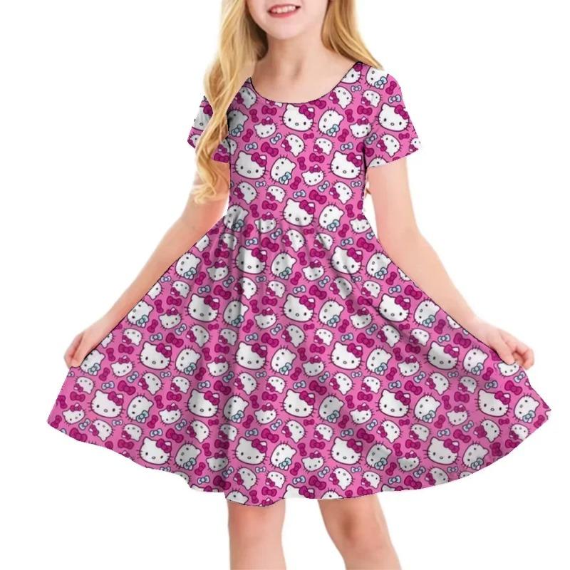 3D Printed Sanrio Hello Kitty Fashion Cartoon Pattern Cute Short Sleeved Dress Cosplay Youth