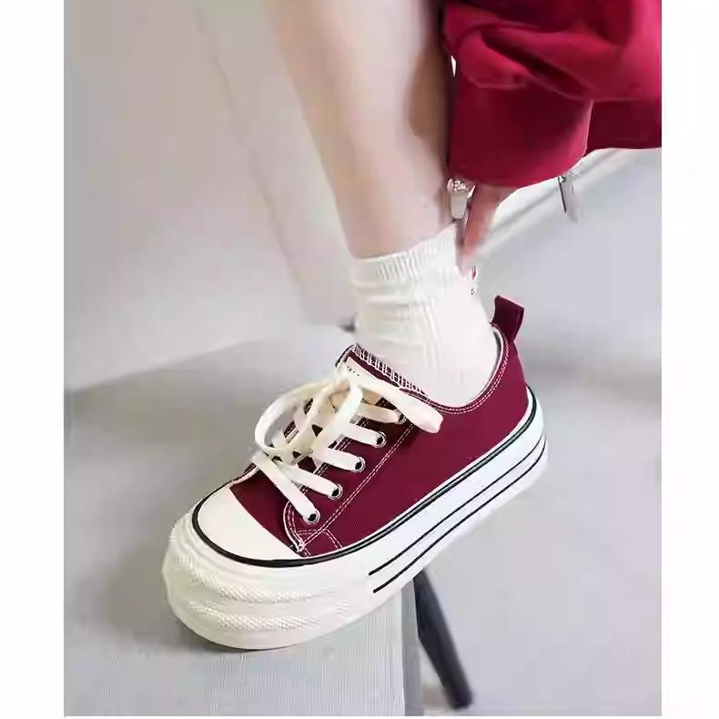 Burgundy canvas shoes women's 2025 autumn new platform student niche shoes children's casual versatile board shoes