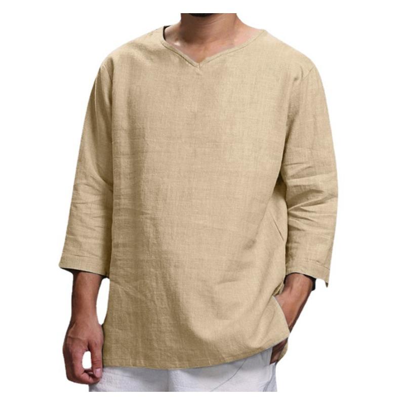 Camisa de Manga Larga con Cuello en V de Algodón Lino para Hombre de Corte Holgado