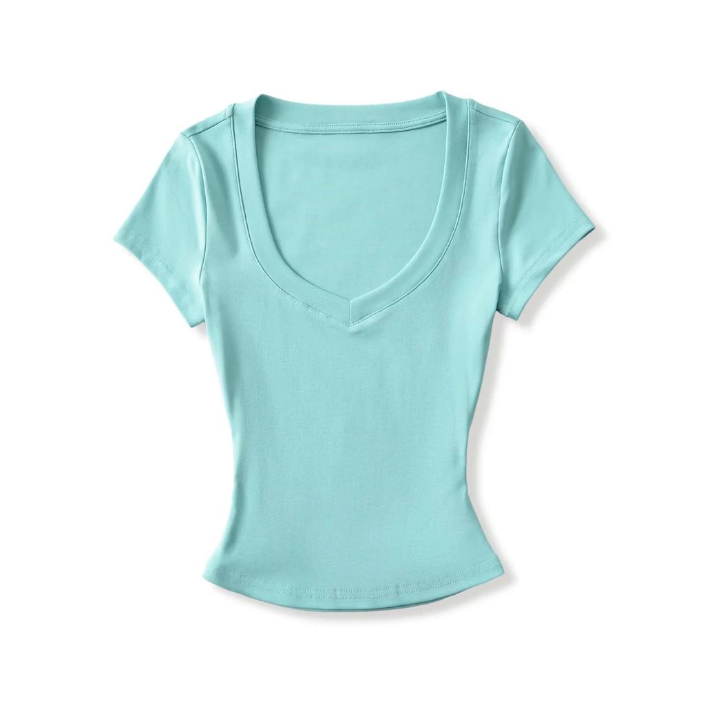 Peach Heart Neck Short-sleeved T-shirt Women's Summer New American Spice Girl Solid Color Basic Slim-fit Front Shoulder Bottoming Top