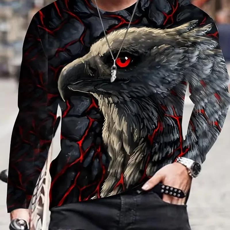Moda Aquila Stampa Digitale 3D T-Shirt Casual Comoda a Maniche Lunghe Autunno Abbigliamento Fantasia da Uomo Top Regali da Uomo