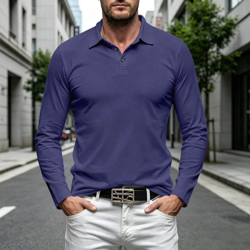 Men's Casual Loose Fit Long Sleeve Polo Shirt Button Collar Soft Fabric Comfortable Everyday Wear