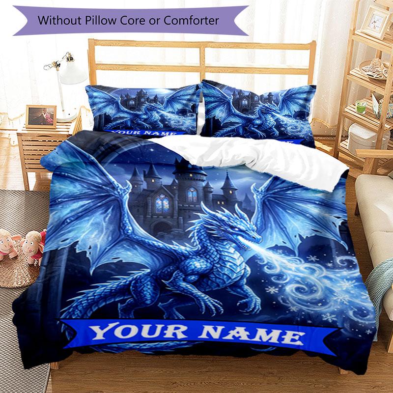 3PC Custom Name Blue Dragon Castle Night Bedding Set Duvet Cover Closure Includes 1 Duvet Cover & 2 Pillowcases for Bedroom