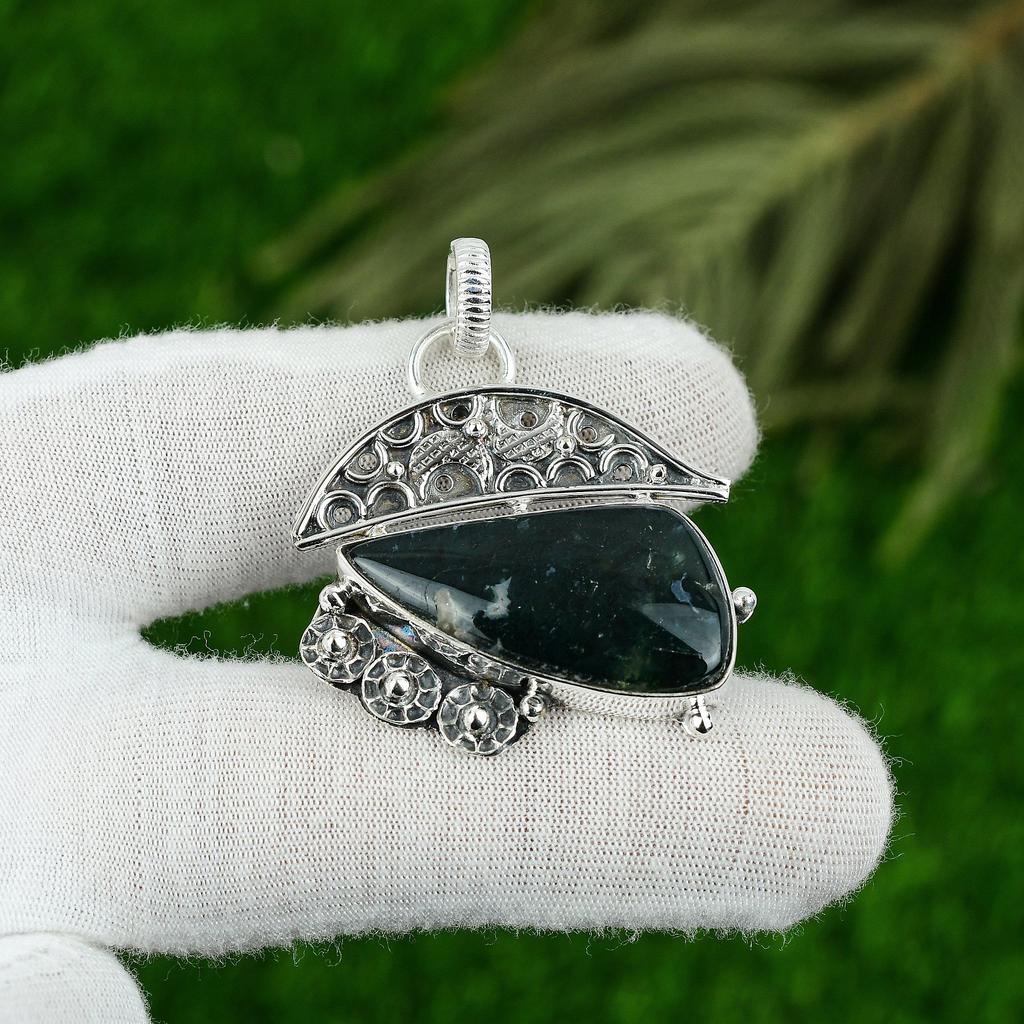 Solarer Moosachat Edelstein 925 Silber Trendiger Lünetten Frau Art Deco Anhänger Schmuck