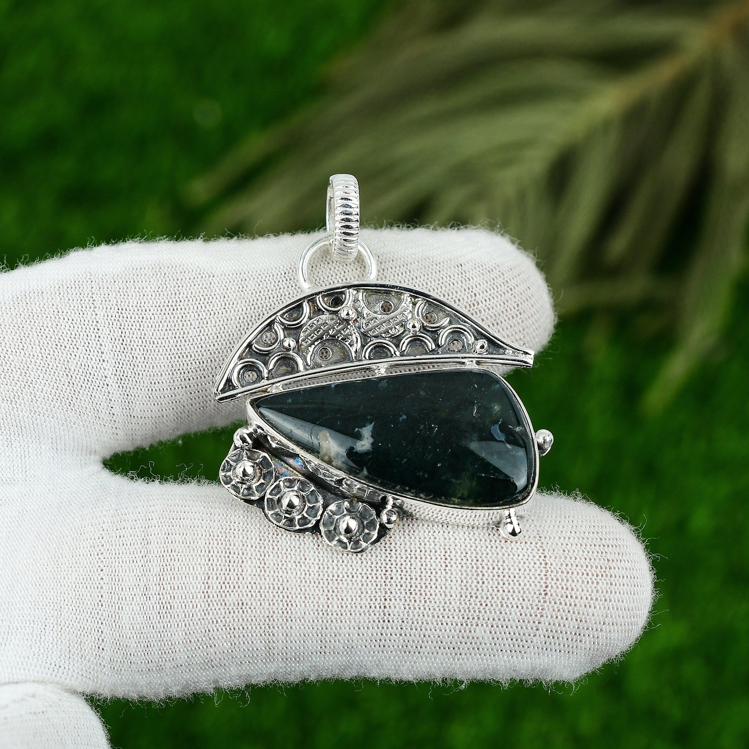 Solar Moss Agate Gemstone 925 Silver Trendy Bezel Wife Art Deco Pendant Jewelry