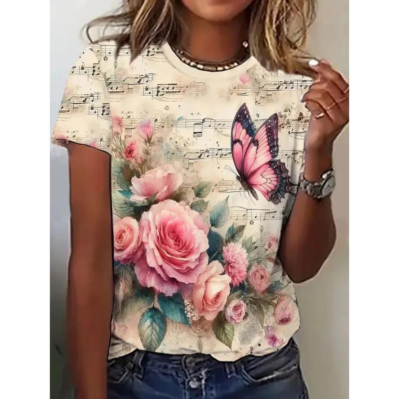 Women's Summer Round Neck Short Sleeved T-shirt with 3D Romantic Rose Print Casual Top Breathable Machine Washable Suitable for Outdoor Daily Wear