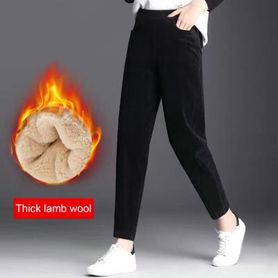 Women Corduroy Harem Pants Elastic Color Long Waist Pockets Solid Trousers Thickened Fleece Lining Casual Pants