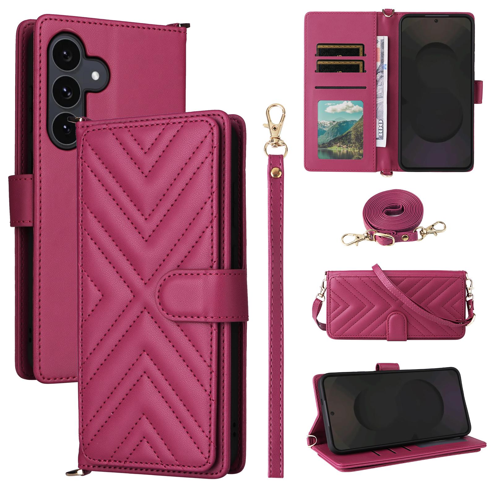 

For Samsung Galaxy S25 FE Case with Shoulder/Wrist Strap Leather Phone Cover Stand Wallet Rose