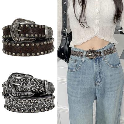 Chic Carved Waist Strap Y2K Alloy Buckle Waistband Fashion PU Leather Belt