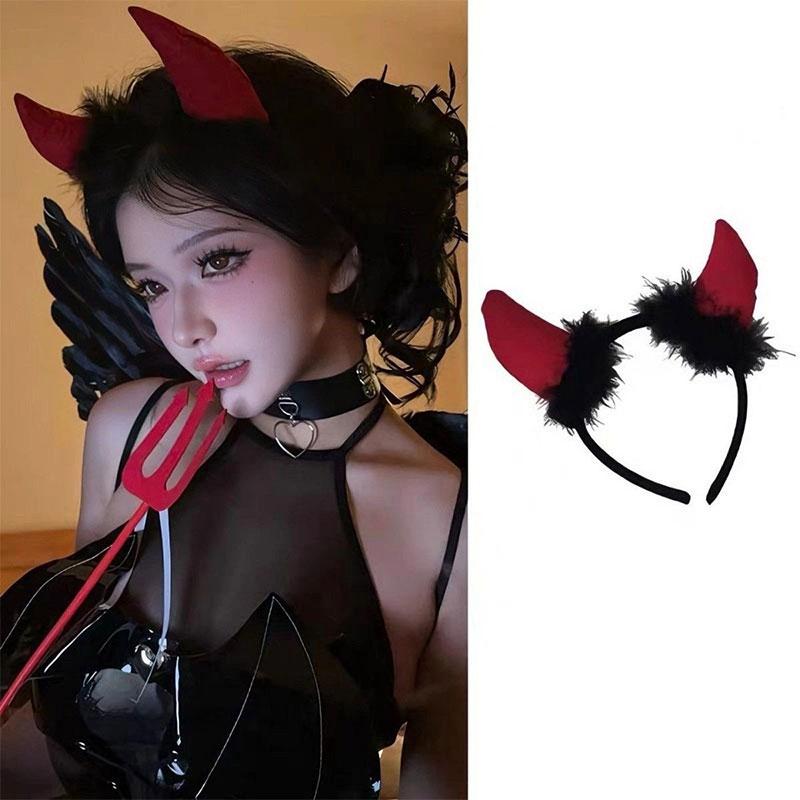 

Хэллоуинский аксессуар для волос в готическом стиле с повязкой на голову с красными рожками и заколкой для волос, аксессуар для косплея, подарок на Хэллоуин красный