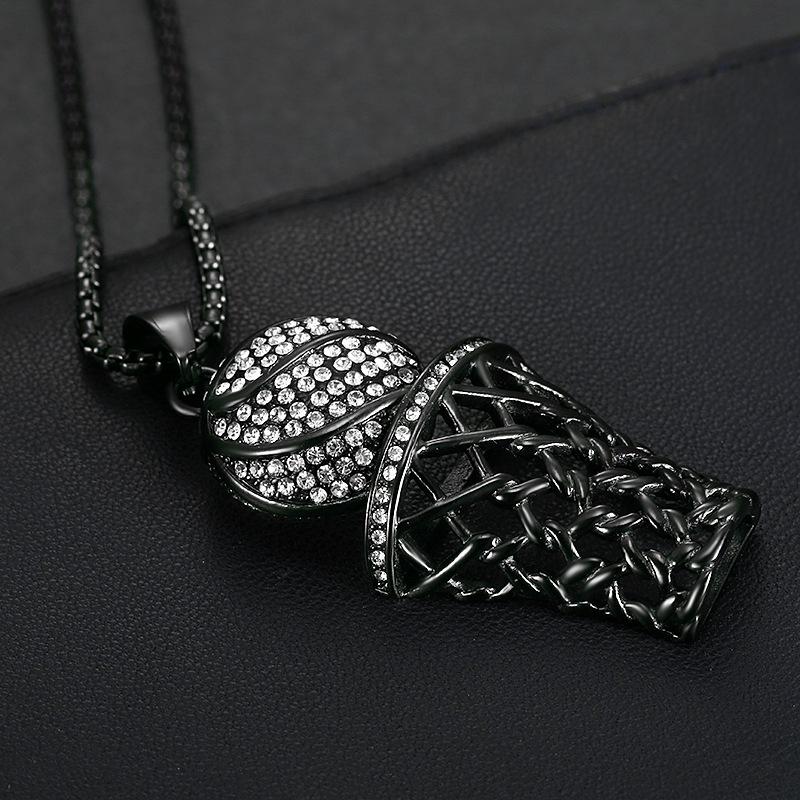 Gold Rhinestone Basketball Hoop Pendant Necklace, Hip Hop Style, Color-Preserving Titanium Steel