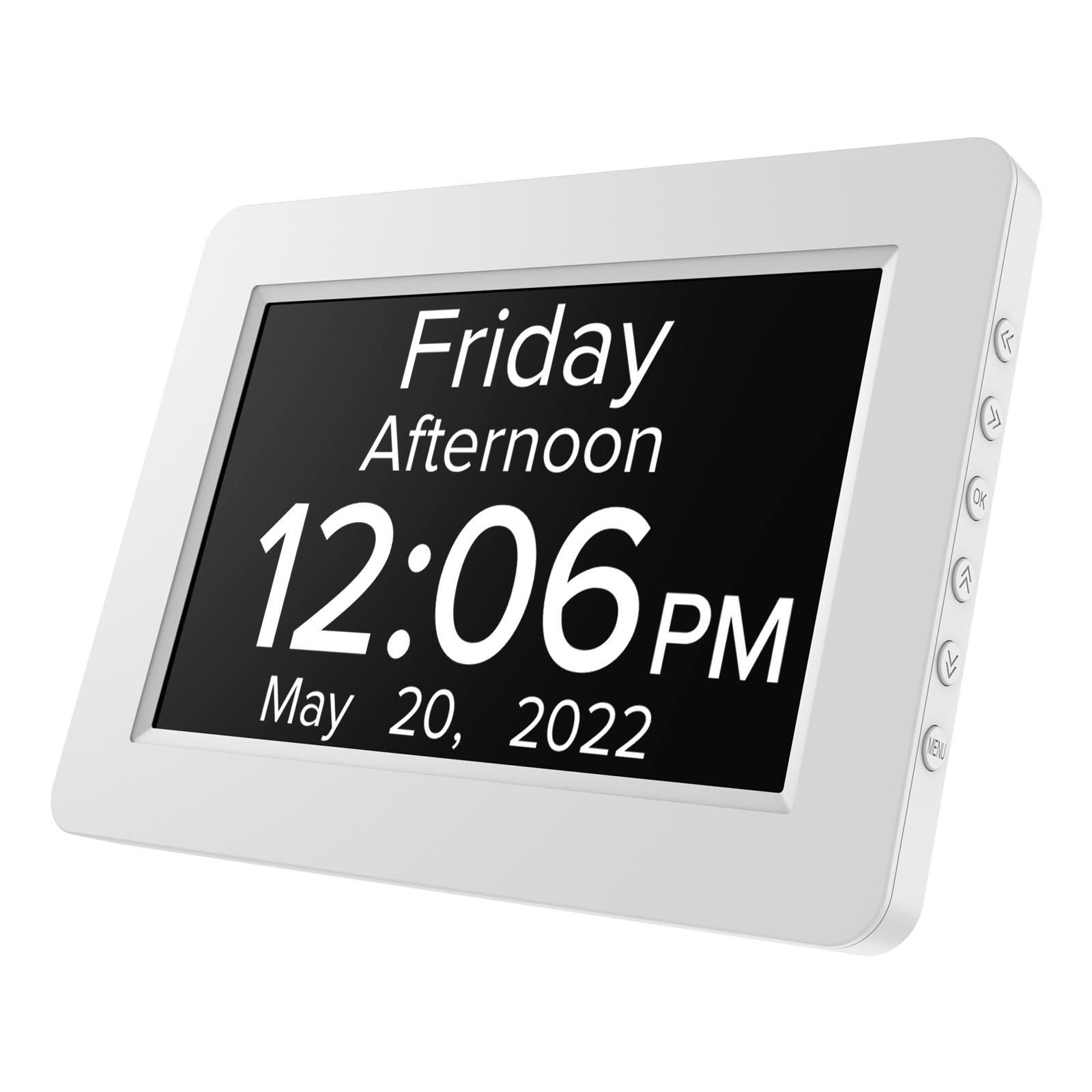 Dementia Alzheimer 8 Inch Time Day Date Lcd Display Analog Snooze Alarm Desk Clock with Talking Time Digital Calendar Clock (White,8 inch)
