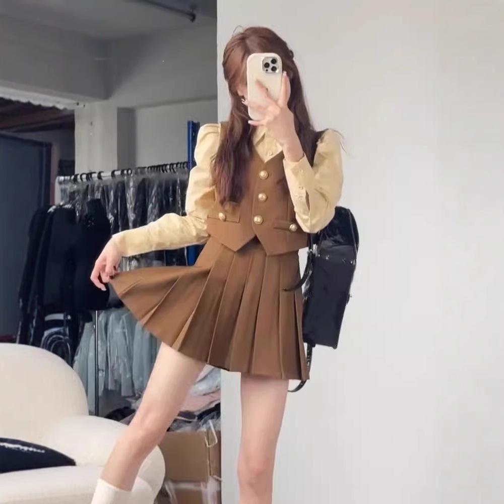 Women's British College Style Autumn Suit: Striped Shirt, Vest, and Pleated Skirt Three-Piece Set
