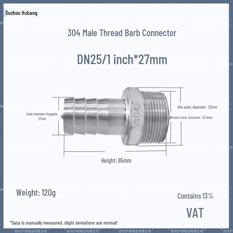 1" Hexagonal Barb Connector, 304 Stainless Steel for Water Pipe Hose, 316 Male Thread Plug
