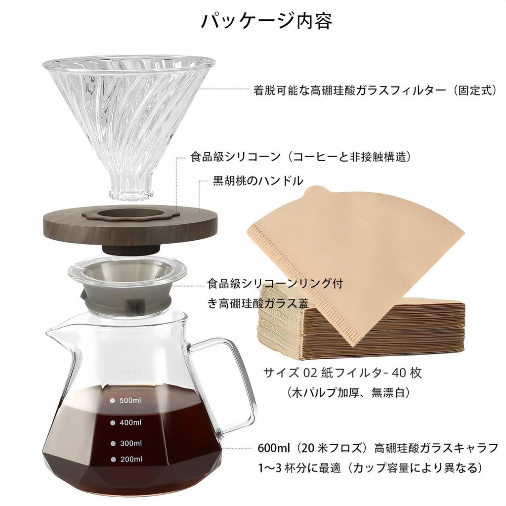 OULOVECO Coffee Dripper Set with 40 Filters, Heat-Resistant Glass Coffee Server & Wooden Holder, Hand Drip Equipment, 400ml Capacity with Measuring