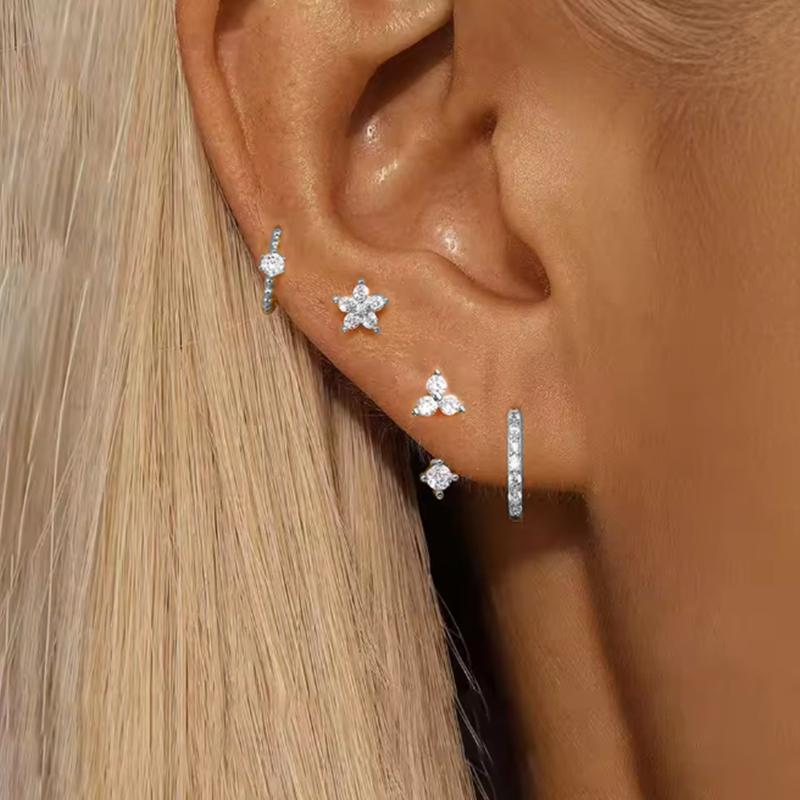 

4PCS Fashion Zircon Round Hoop Earring Set Women Temperament Flower Ear Stud Huggie Earring Tragus Piercing Cartilage Jewelry