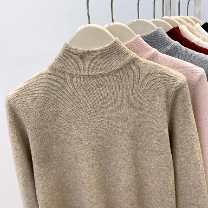 Angola red knitted bottoming shirt women's autumn and winter semi-turtleneck slim-fitting top soft waxy sweater