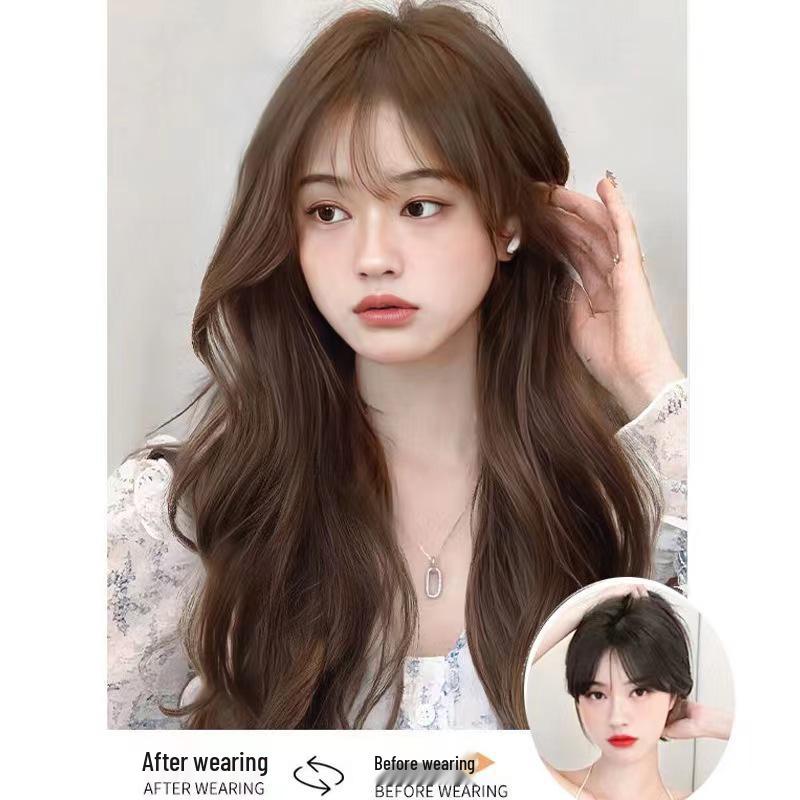 Trendy Long Curly Wig with Air Bangs - Realistic Fluffy Waves for a Fashionable Look