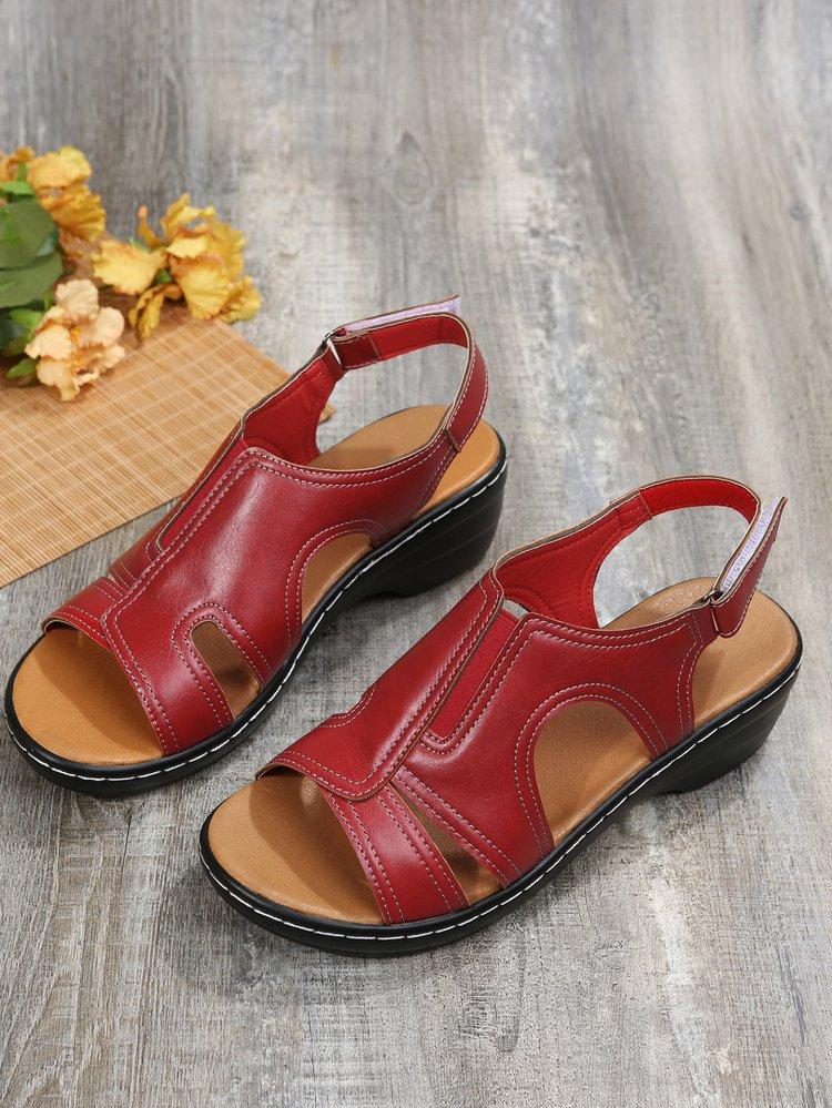 Large Size 2025 Summer European and American Sandals Women's Velcro Stitching Side Empty Open Toe Solid Color Leather Stitching Spot