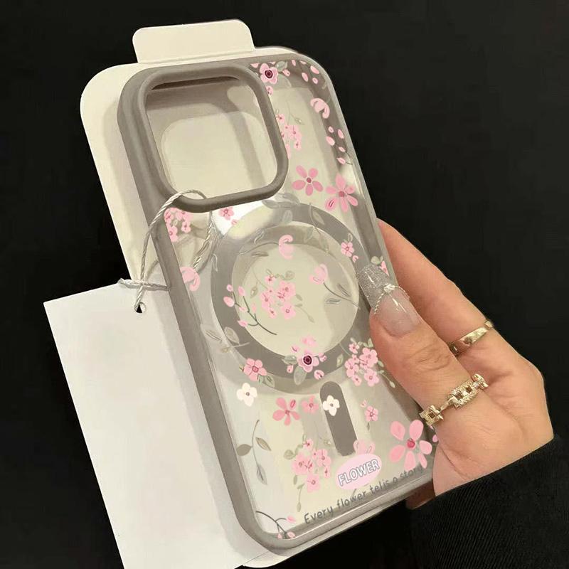Small Pink Flowers Design Magnetic Phone Case For iPhone 17 Pro Max Cases iPhone 16 Plus 15 14 13 12 11 Air 17 Transparent Cover