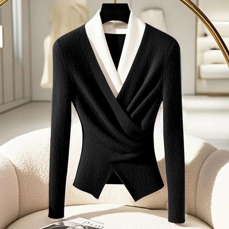 

Женские весенне-осенние вязаные облегающие элегантные пуловеры с V-образным вырезом, пэчворк, повседневный трикотаж XS чёрный