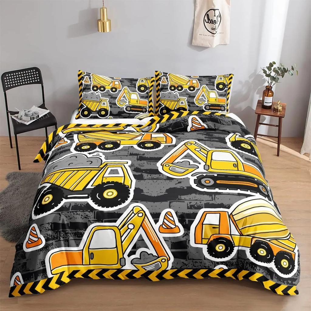 Construction Vehicles Boys Excavator Duvet Cover Yellow Tractor Truck Bedding Set For Teens Boys Old Retro Car Theme Room Decor