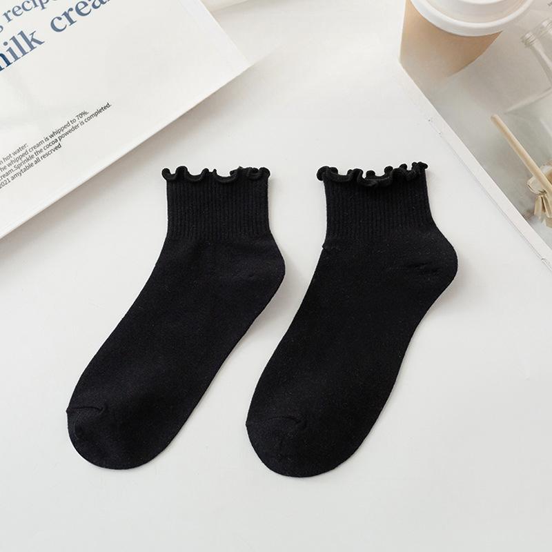 Female Spring and Autumn Solid Color Wooden Ear Curled Cotton Sweat Absorbing Socks