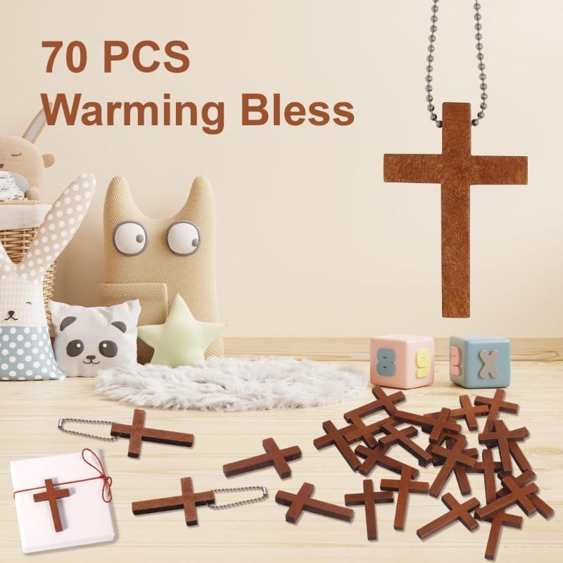 70Pcs Wooden Crossed Shape Pendant Bag Ornament with Beaded Chain for Christmas Tree Decoration Festival Celebration