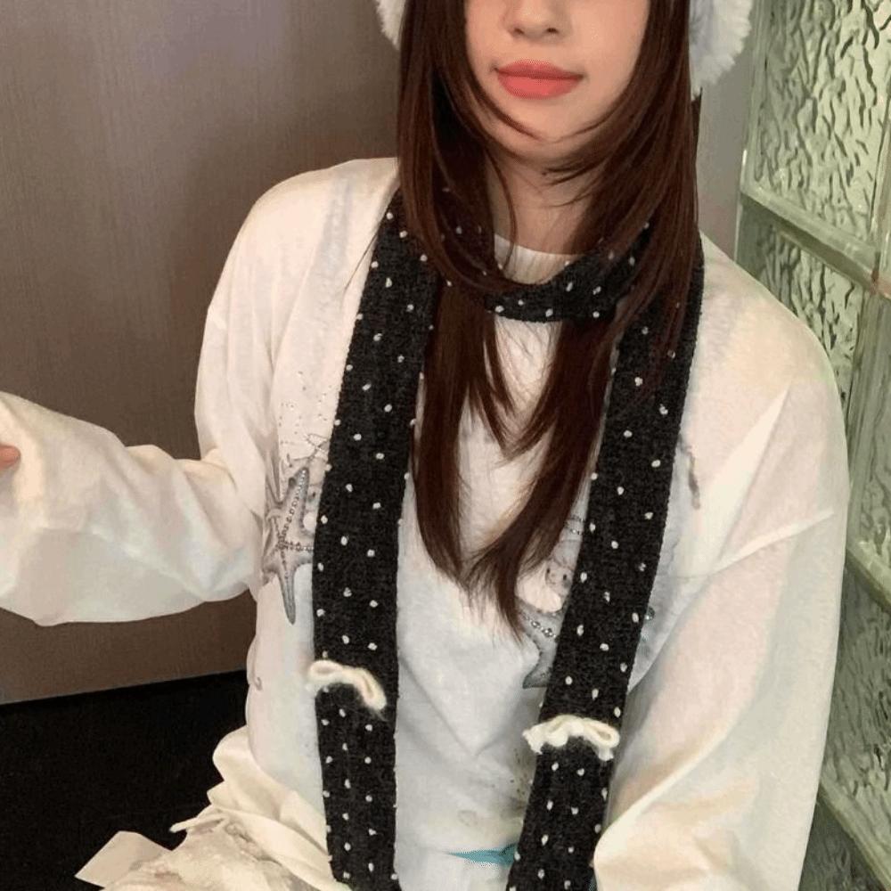 Fashionable Warm Polka Dot Scarf Korean Bowknot Soft Knitted Scarves Bib Narrow Long Scarf Women Neck Accessories