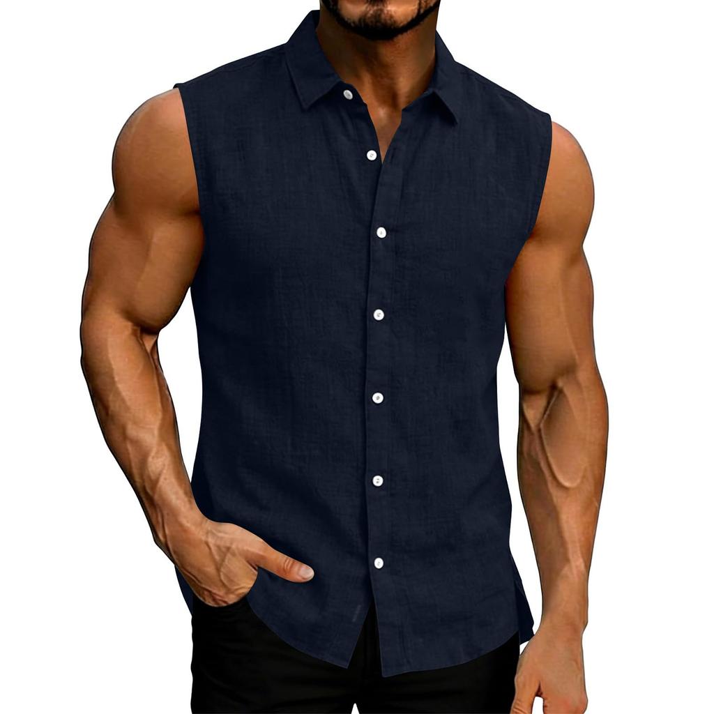Mens Sleeveless Button Down Linen Shirt Casual Loose Fit Summer Muscle Shirt with Collar and Front Placket