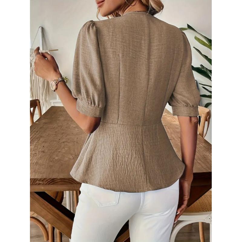 Abbigliamento Donna Camicia Estiva con Elegante Scollo a V Maniche Corte Gonfie Monocolore Vestibilità Slim Camicetta per Signore