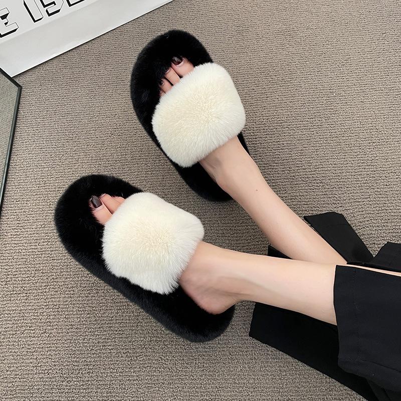 

Верхняя одежда, двухцветные пушистые тапочки с толстой подошвой, женские осенне-зимние модели, плюшевые домашние тапочки из хлопка A Word 40 белый