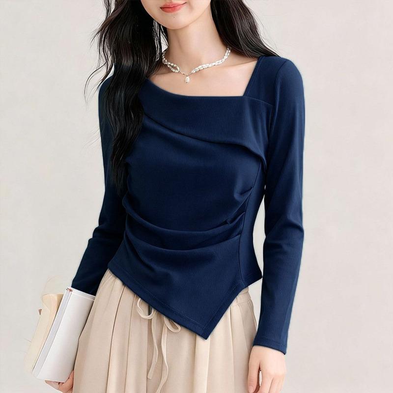 Women Brown Square Neck Ruched Asymmetrical Hem Long Sleeve Top