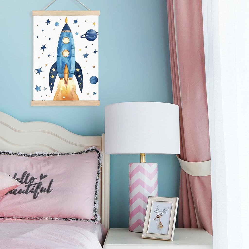 FDHSPAAM Space Rocket Kids Wall Art Decor, Space Nursery Decor, Fantasy Blue Spaceship Planet Star Wall Art Posters for Nursery Home Kids Boys